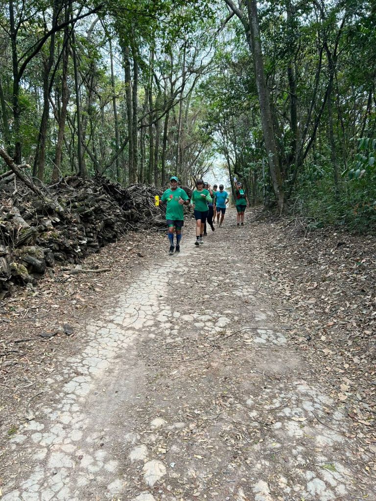 A imagem mostra um grupo de 20 pessoas reunidas em um estacionamento arborizado, em um dia ensolarado. A maioria está usando camisetas de cores vibrantes, como verde, vermelho e azul, e calções ou leggings. Algumas pessoas estão agachadas na frente, enquanto outras estão em pé, sorrindo para a câmera. Duas pessoas seguram uma bandeira com o escrito "Fêmege". À direita do grupo, um carro Fiat cinza escuro está estacionado, e há árvores verdes ao fundo. #ParaTodosVerem

Foto: Carlos Alberto/criador do grupo “Femegê” 